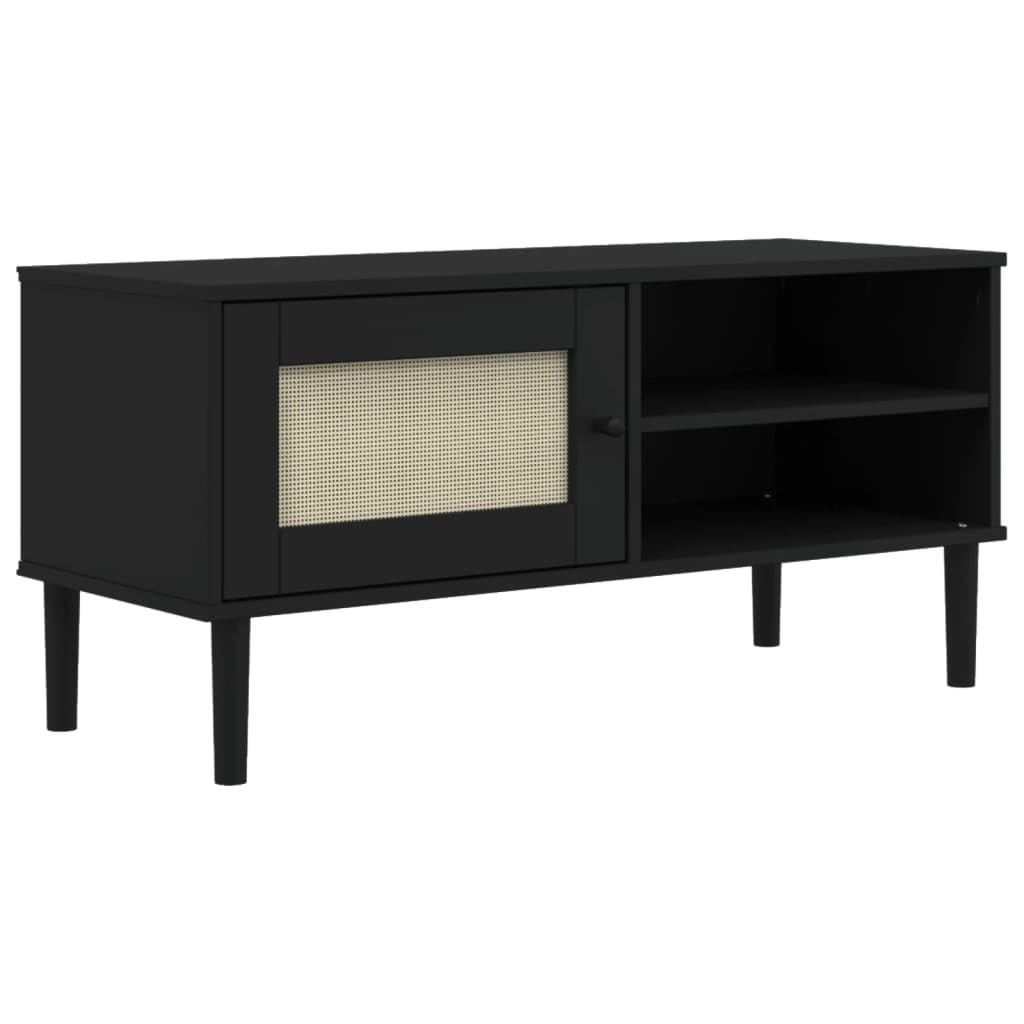 SENJA Rattan Look TV Stand - Black, Solid Wood Pine, Ample Storage