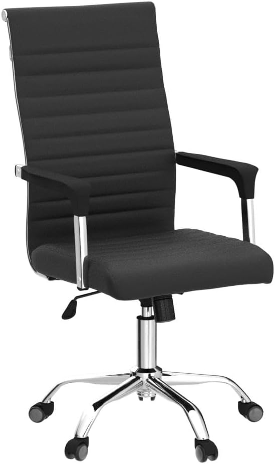 Mid Back and Chrome Base Ribbed Leather Swivel Office Chair, 40.55”-44.49”, Black