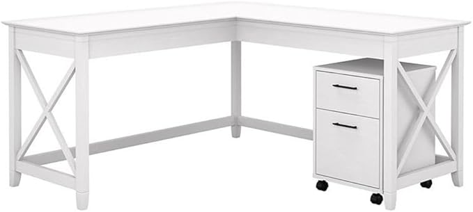 Key West 60W L Shaped Desk with 2 Drawer Mobile File Cabinet in Washed Gray