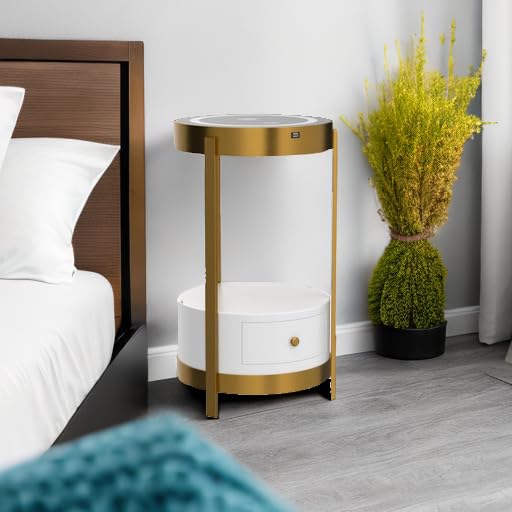 Gold Smart Led Nightstand with White Drawers,14in Sofa Round End Table with USB &