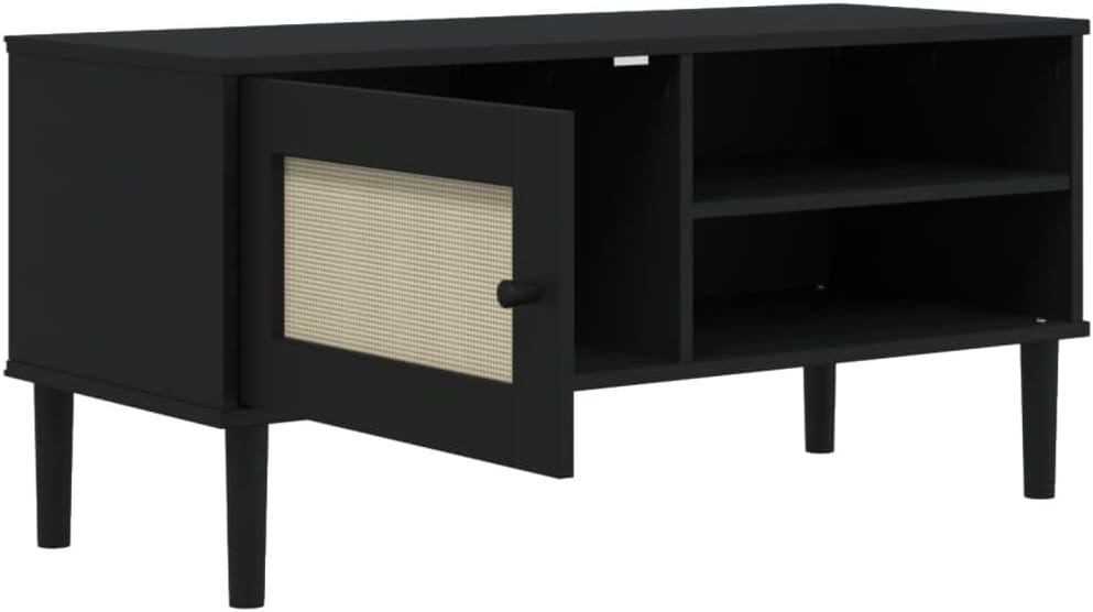 SENJA Rattan Look TV Stand - Black, Solid Wood Pine, Ample Storage
