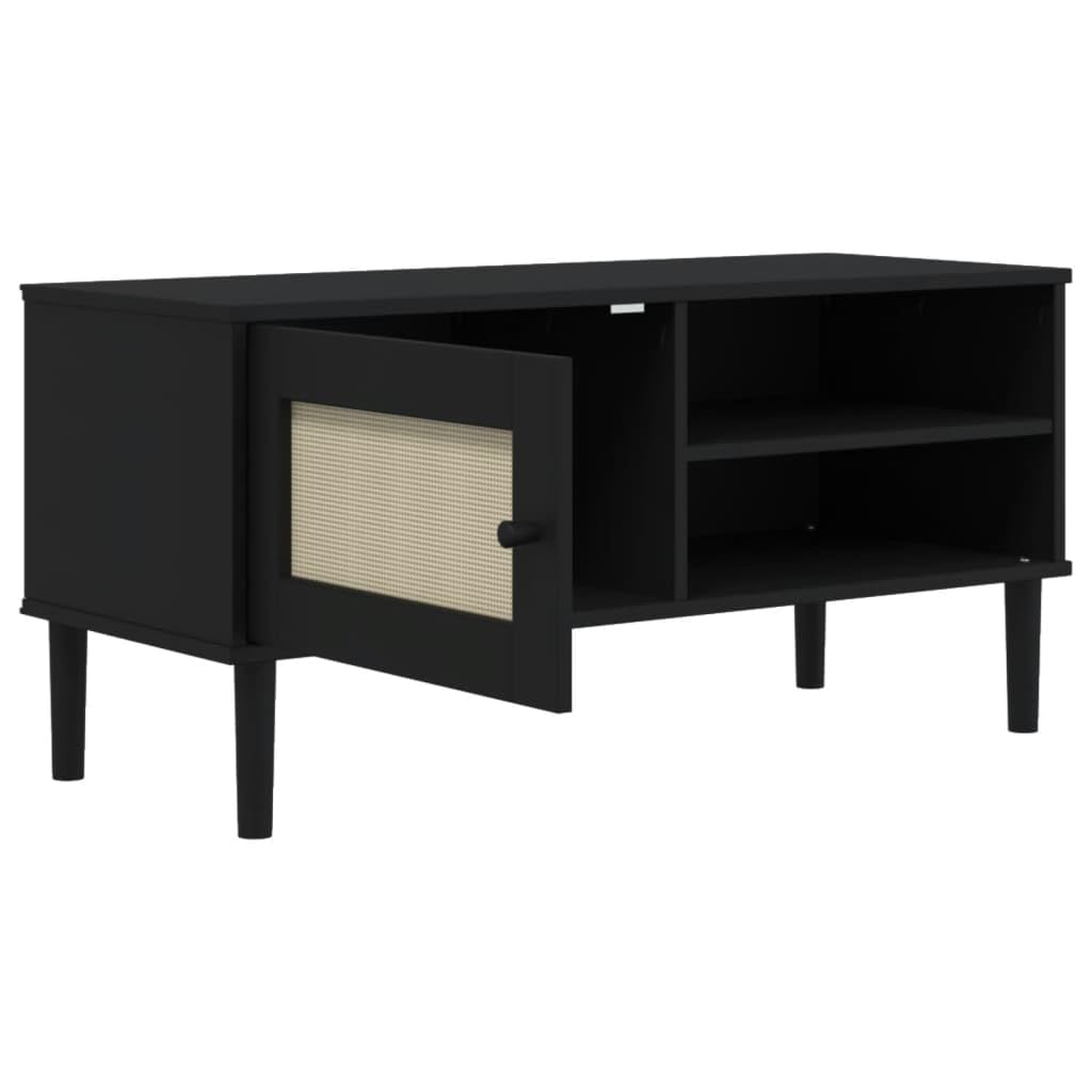 SENJA Rattan Look TV Stand - Black, Solid Wood Pine, Ample Storage