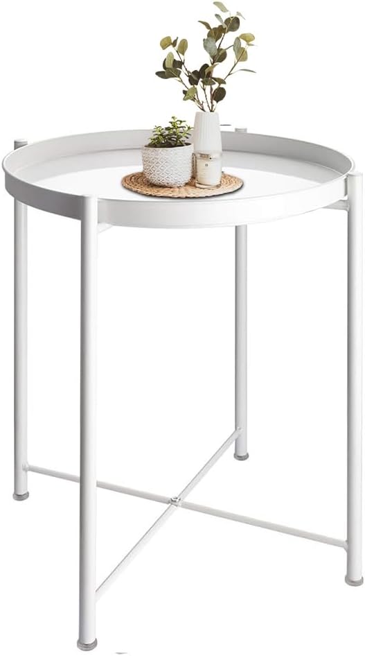 End Table,Folding Round Metal Side Table Waterproof,Round End Table with Removable