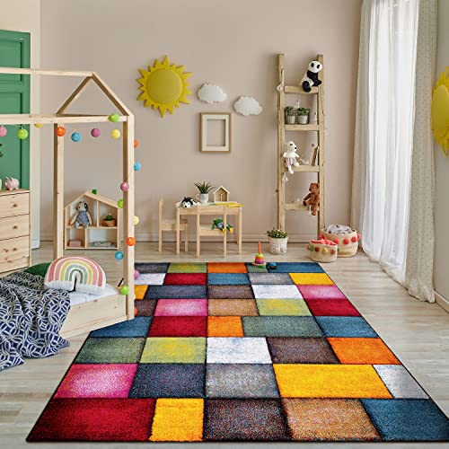 Colorful Living Room Rug Check Design with Squares Multicolor, Size: 3'11" x 5'7"