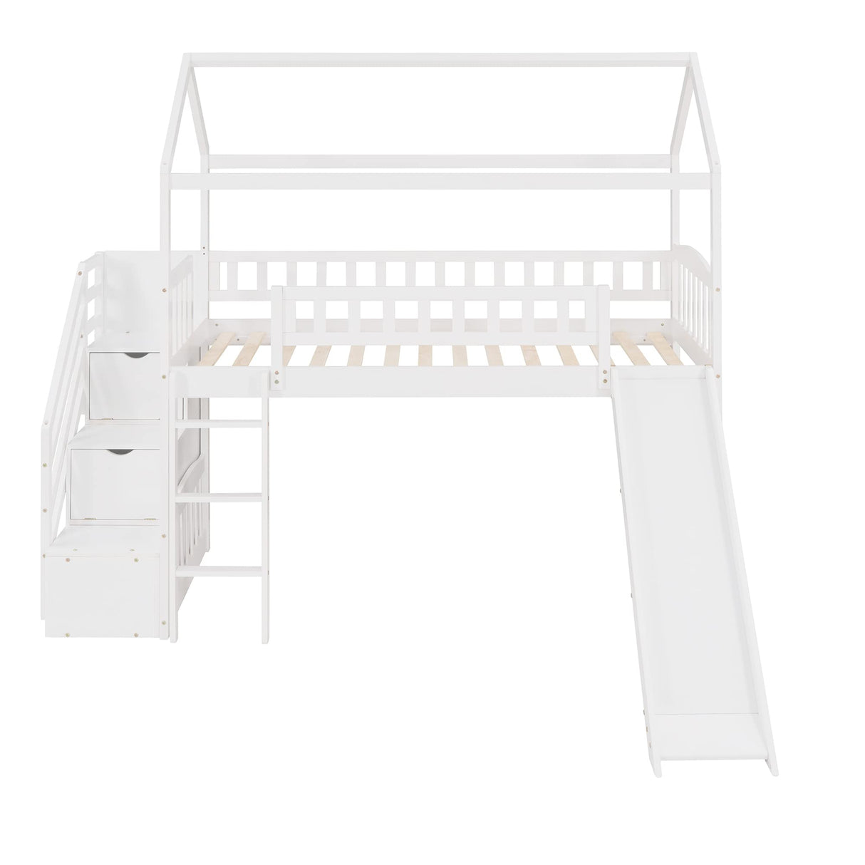 House Bed Loft Bed with Slide, Twin Loft Bed with Stairs and Storage