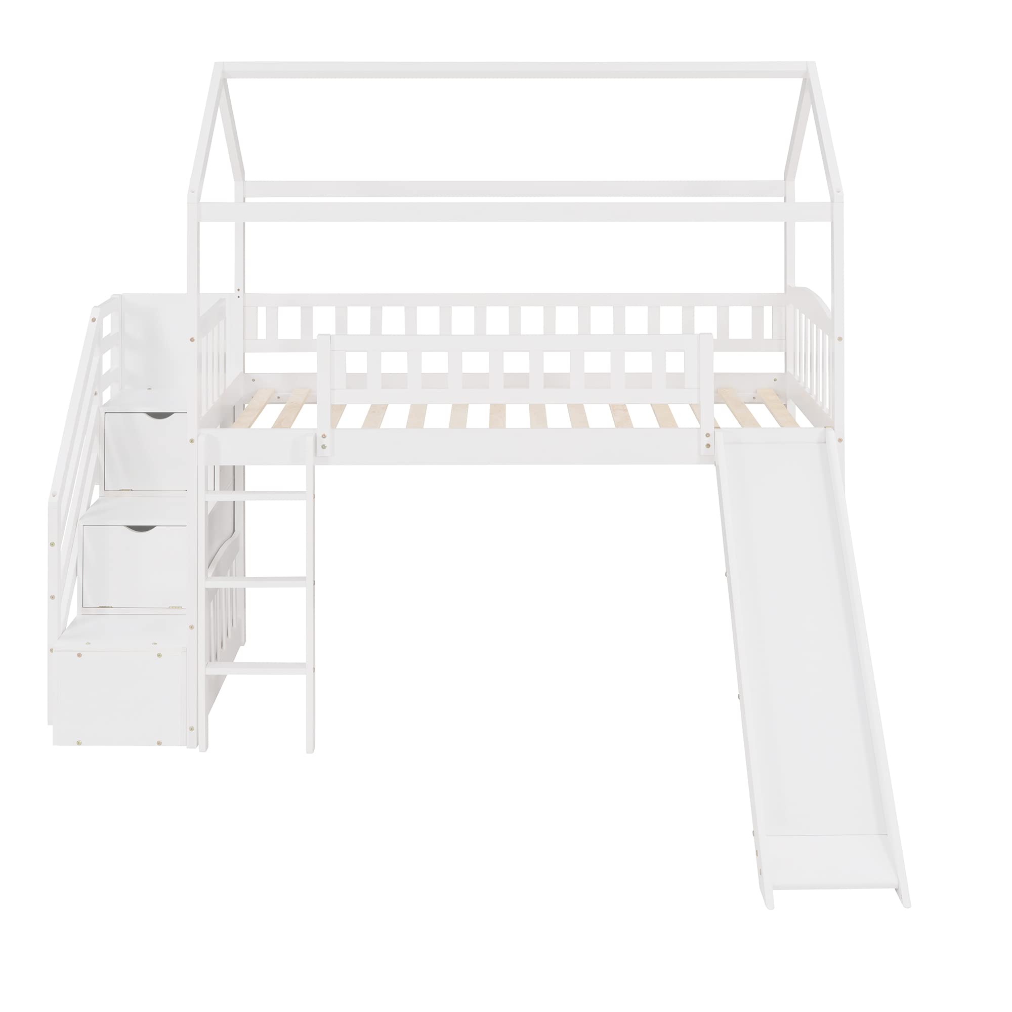 House Bed Loft Bed with Slide, Twin Loft Bed with Stairs and Storage