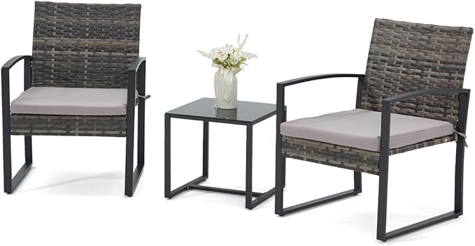 3 Pieces Patio Furniture Set, Outdoor Rattan Bistro Set with Coffee Table
