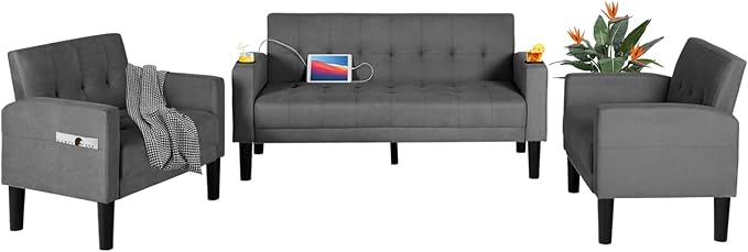 62" Loveseat Couches Upholstered Fabric Linen Love Seat Sofas Couch with 2 USB