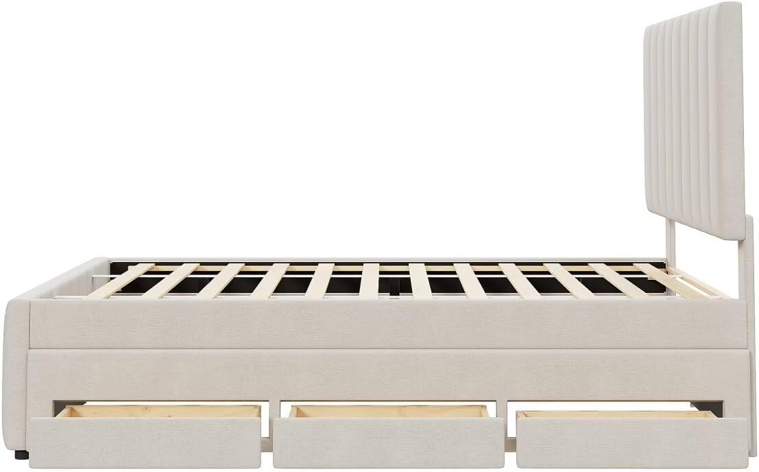 Upholstered Platform Bed with Twin Size Trundle and 3 Drawers, Linen Fabric, Beige