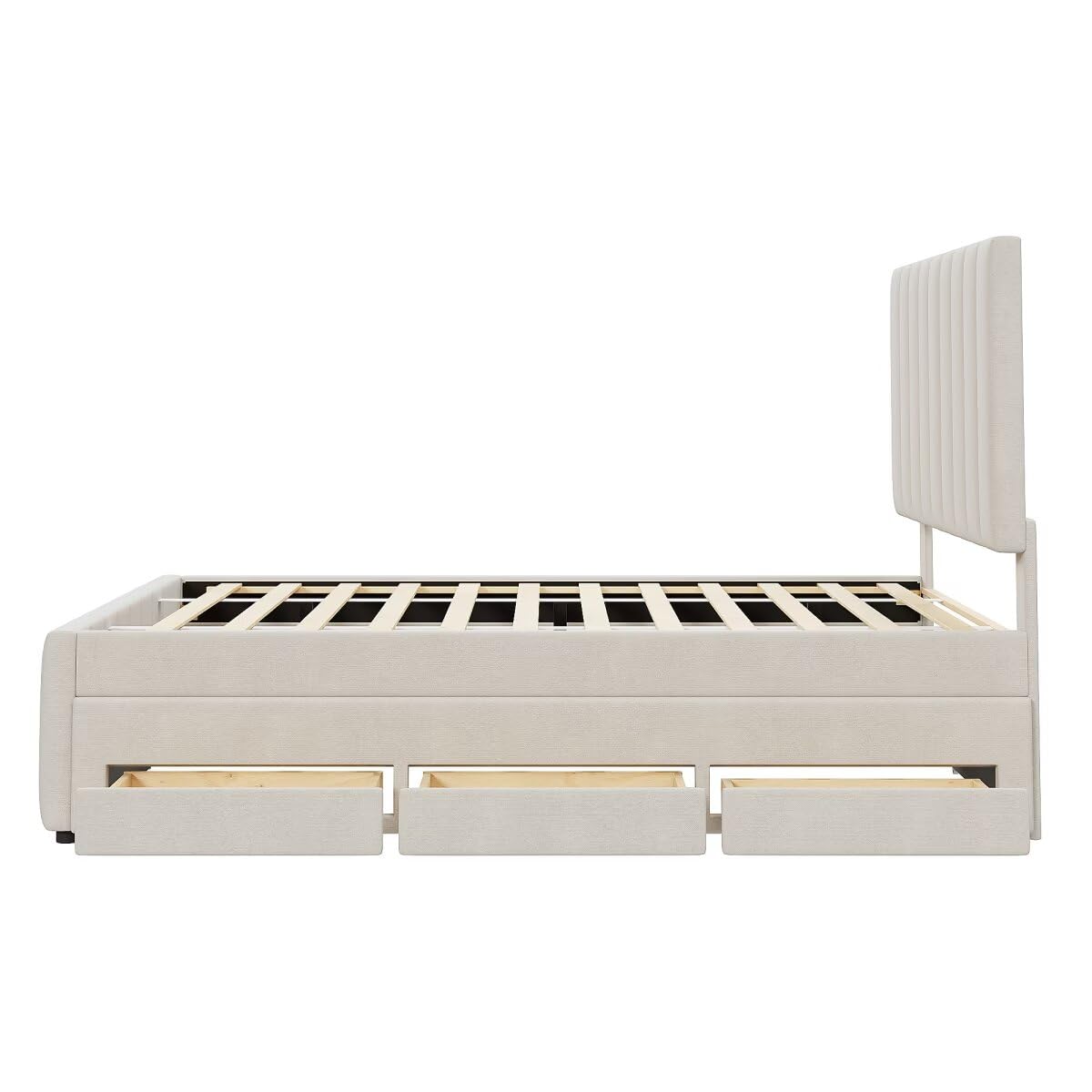 Upholstered Platform Bed with Twin Size Trundle and 3 Drawers, Linen Fabric, Beige