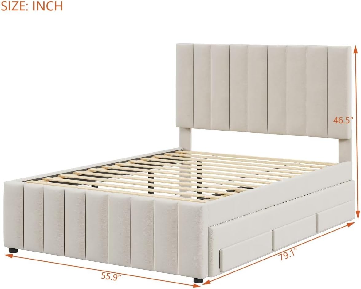 Upholstered Platform Bed with Twin Size Trundle and 3 Drawers, Linen Fabric, Beige