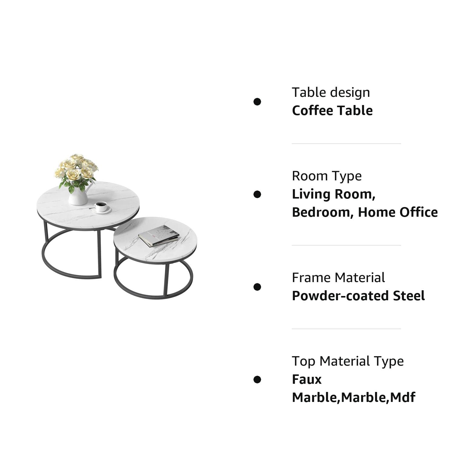 Round Nesting Coffee Table, Set of 2 Modern Coffee Table with Faux Marble Top