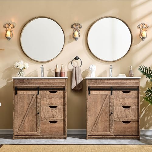 Aitjunz 30" Farmhouse Bathroom Vanity with Sink, Freestanding Modern Bathroom Storage Vanity Cabinet w/Sliding Barn Door, 3 Drawers & Adjustable Shelves, Light Brown
