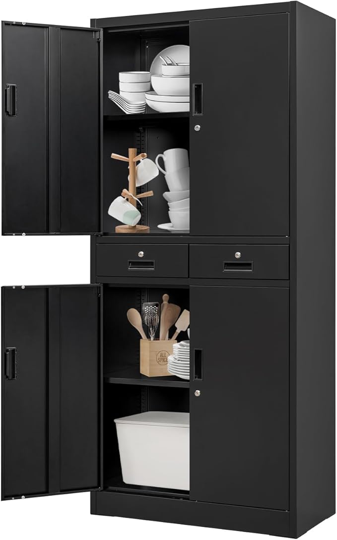 Metal Storage Cabinet with 2 Doors and 4 Shelves, Lockable Steel Storage