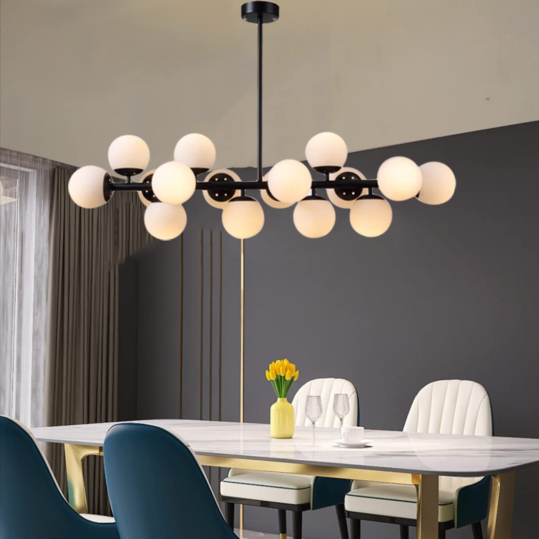 Glass Chandelier Lighting 16-Light Black Linear Island Pendant Light