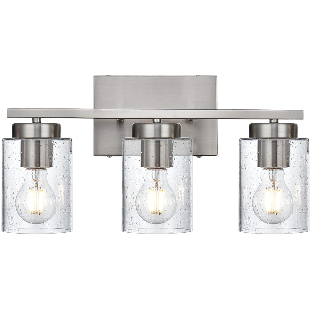 Bathroom Vanity Light,3 Light Brushed Nickel Light Fixture with Thickened Seeded Glass