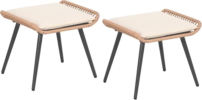 Outdoor Wicker Ottoman Set of 2, Patio Rattan Ottomans with Seat Cushions