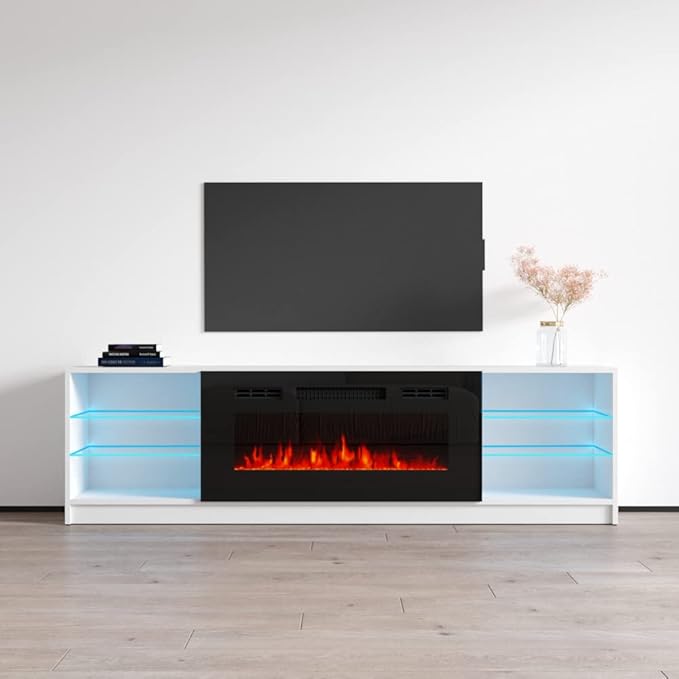 1 Electric Fireplace Modern 79" TV Stand (Black)