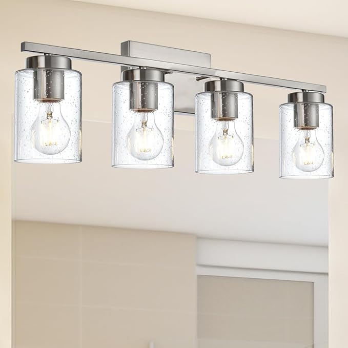 Bathroom Vanity Light,3 Light Brushed Nickel Light Fixture with Thickened Seeded Glass