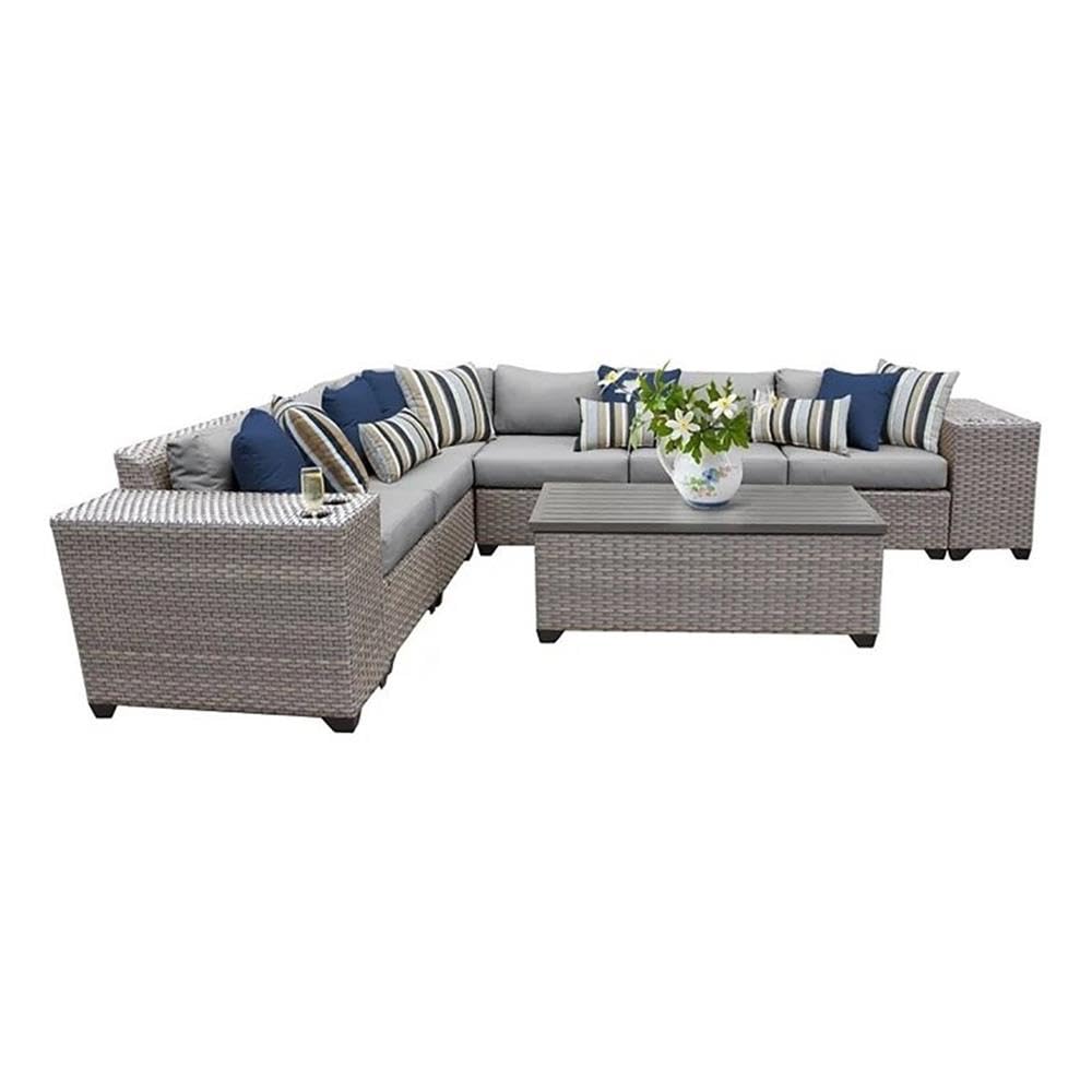 9 Piece Traditional Wicker/Fabric Patio Sectional Set in Gray