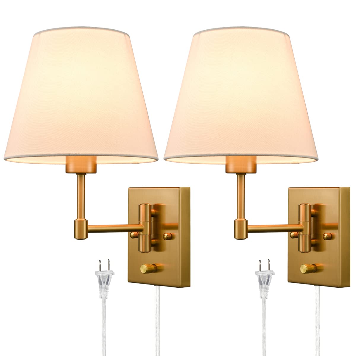 Gold Plug-in Wall Sconces Set of Two Beige Shade Brass Swing Arm Wall Lamp