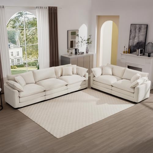 Modern Fabric Living Room Sofa Set - 2-Seat Loveseat & 3-Seat Couch in Light Beige Corduroy