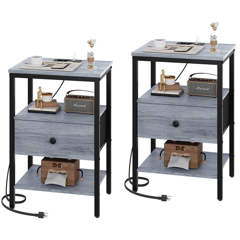 Nightstand with Charging Station, Set of 2 Side Tables
