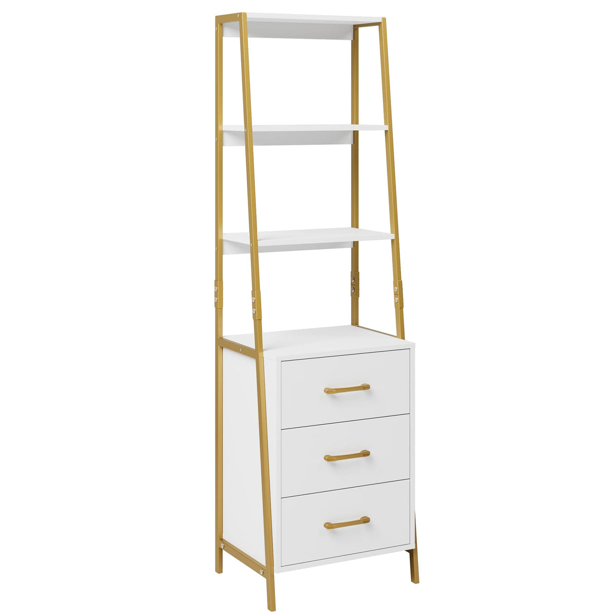 4-Tier Bookshelf, Tall Bookcase with 3 Wooden Drawers, Modern Ladder Book Shlef Storage Organizer for Living Room, Entryway, Office, White Gold