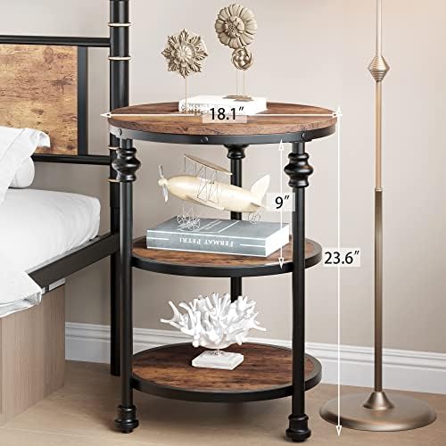 Small Side Table, Round End Table with 3 Shelves for Living Room, Bedroom