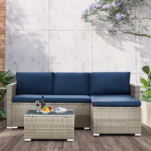 Outdoor Patio Furniture Sets, All-Weather Sectional Sofa with Tempered Glass Table