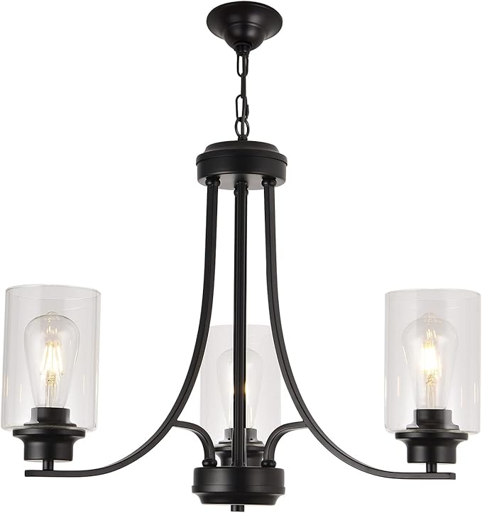3 Lights Black Traditional Chandelier Rustic Kitchen Island Lighting Fixtures Hanging Clear