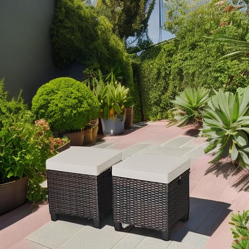 Outdoor Ottoman Set of 2, All Weather Rattan Wicker Patio Ottoman w/Removable