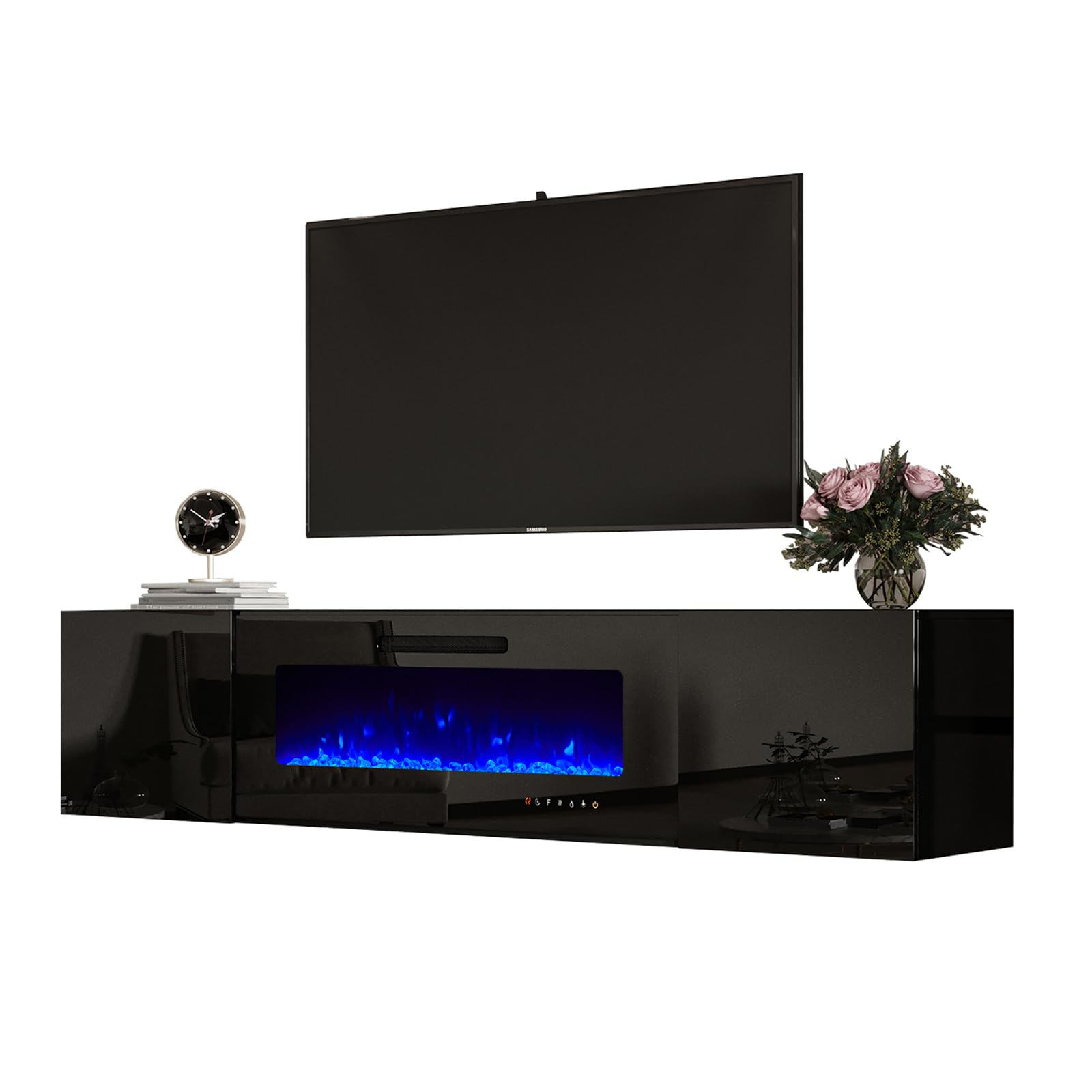 Floating Fireplace TV Stand, Wall Mounted Mirrored Entertainment Center