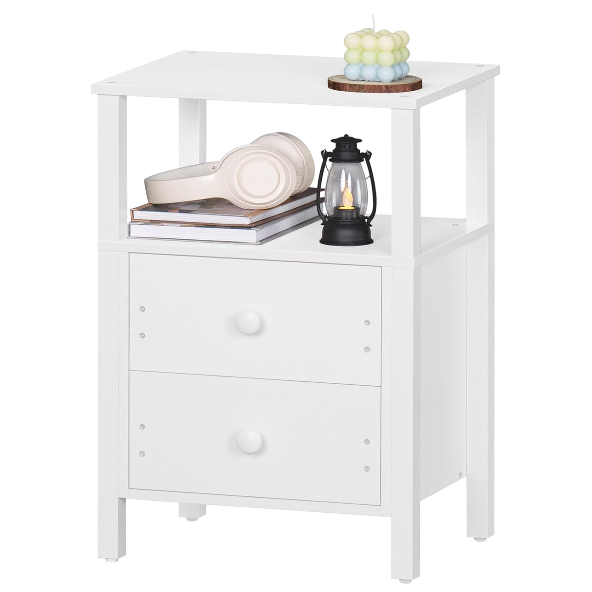 White Night Stand, Small Nightstand with 2 Wood Drawers and Storage Shelf, Modern