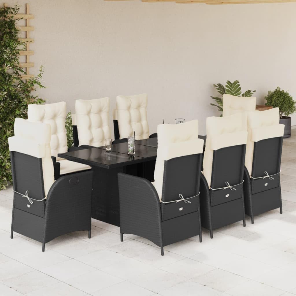 9 Piece Patio Dining Set with Cushions Black Poly Rattan,Furniture,Outdoor Furniture