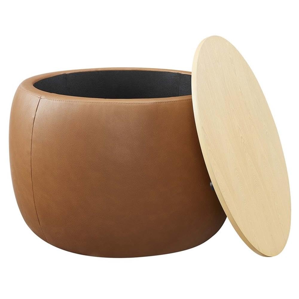 26 Inch Round Storage Ottoman with Tray Lid in Tan - Vegan Leather Ottoman - Versatile
