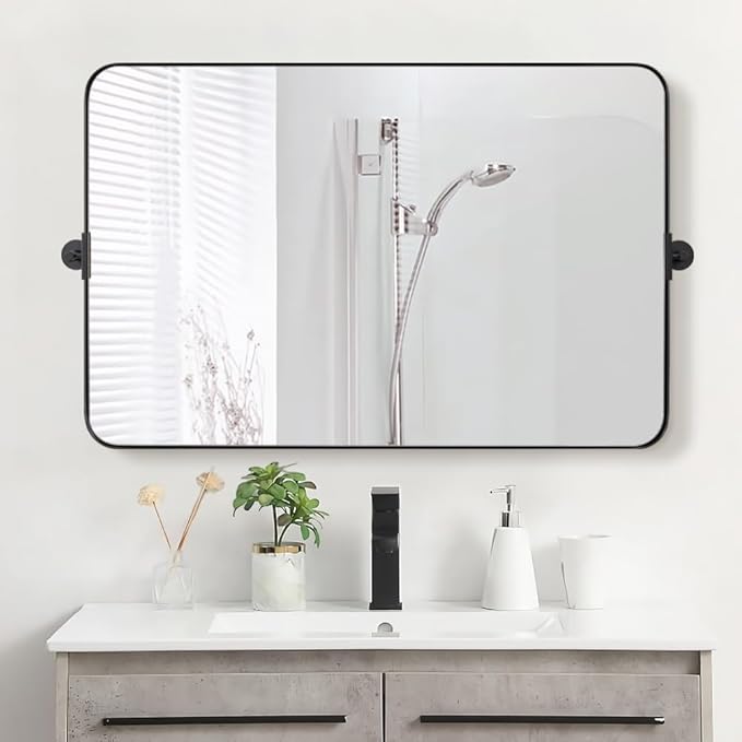 Black Bathroom Mirrors , Metal Framed Rounded Rectangle Wall Vanity Mirror