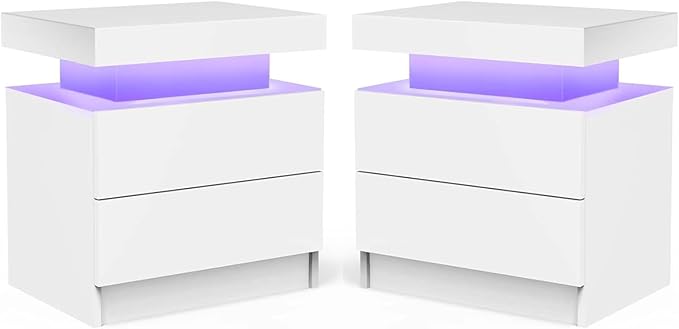 Nightstand LED Set of 2 Bedside Table Cabinet with Lights Modern End Side Drawers