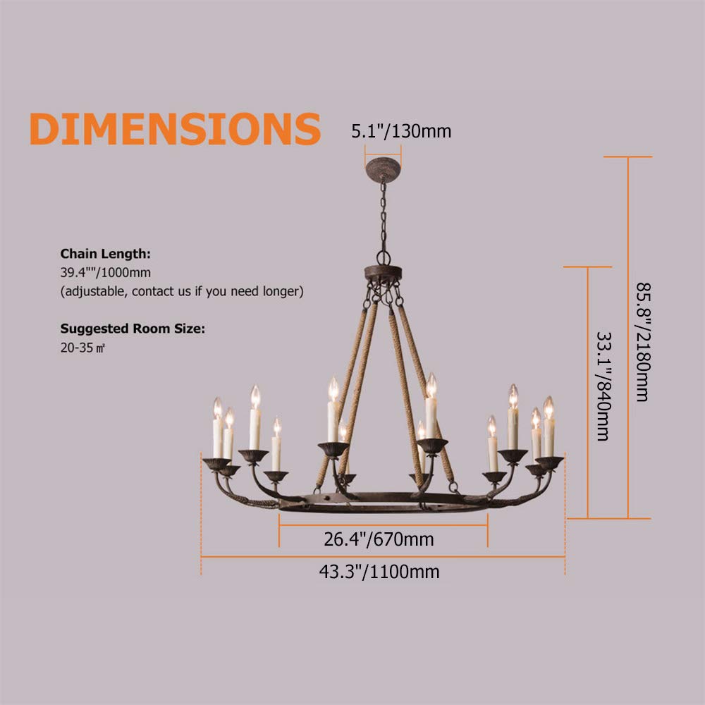 LOVEDIMA Vintage Chandeliers for Dining Room 12-Light Ceiling Light Fixture Flaxen Hemp Rope and Metal Rustic Round Candelabra Chandelier in Rust