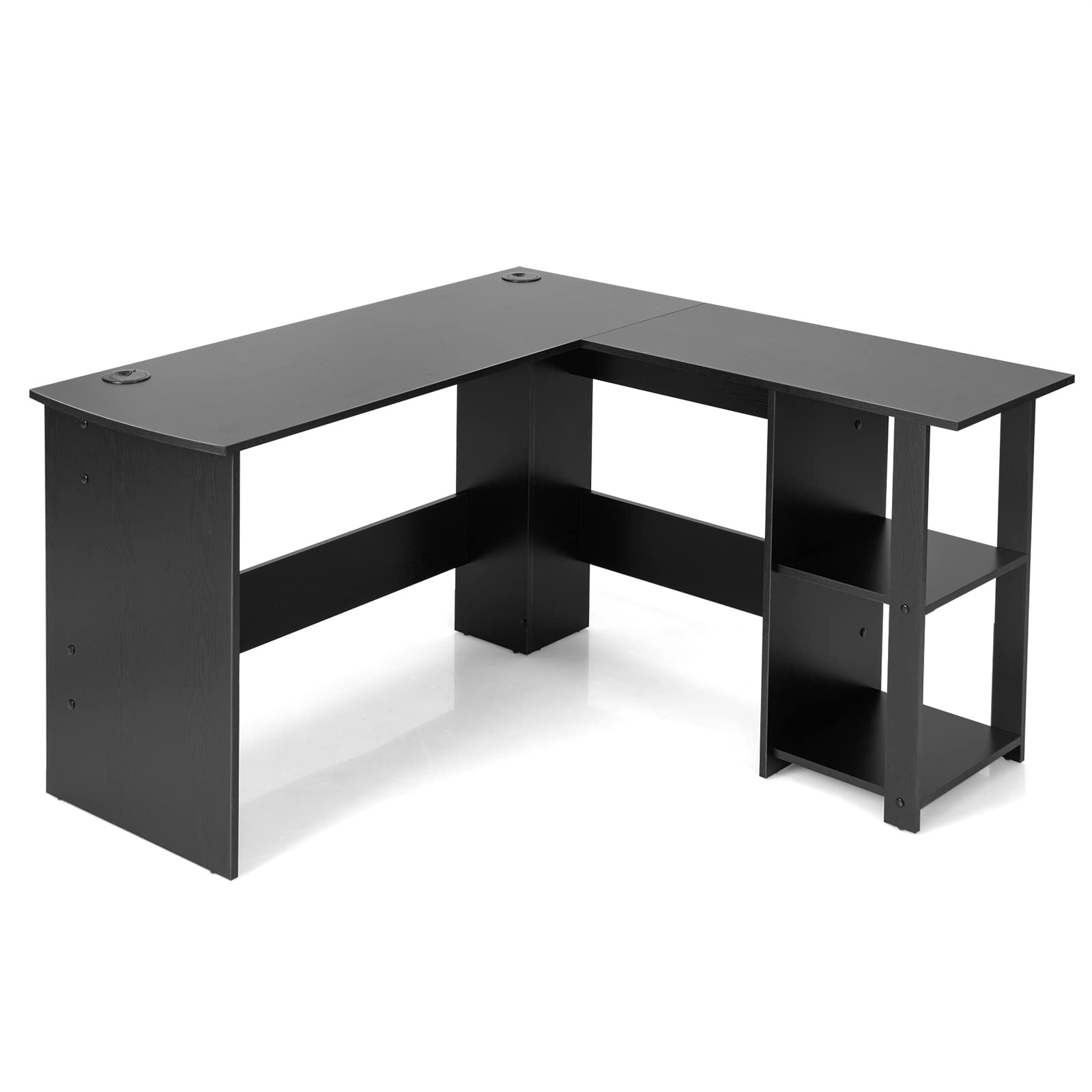 Shaped Computer Desk, Large Corner Computer Desk with 2-Tier Open Shelves & 2 Cable Management Holes
