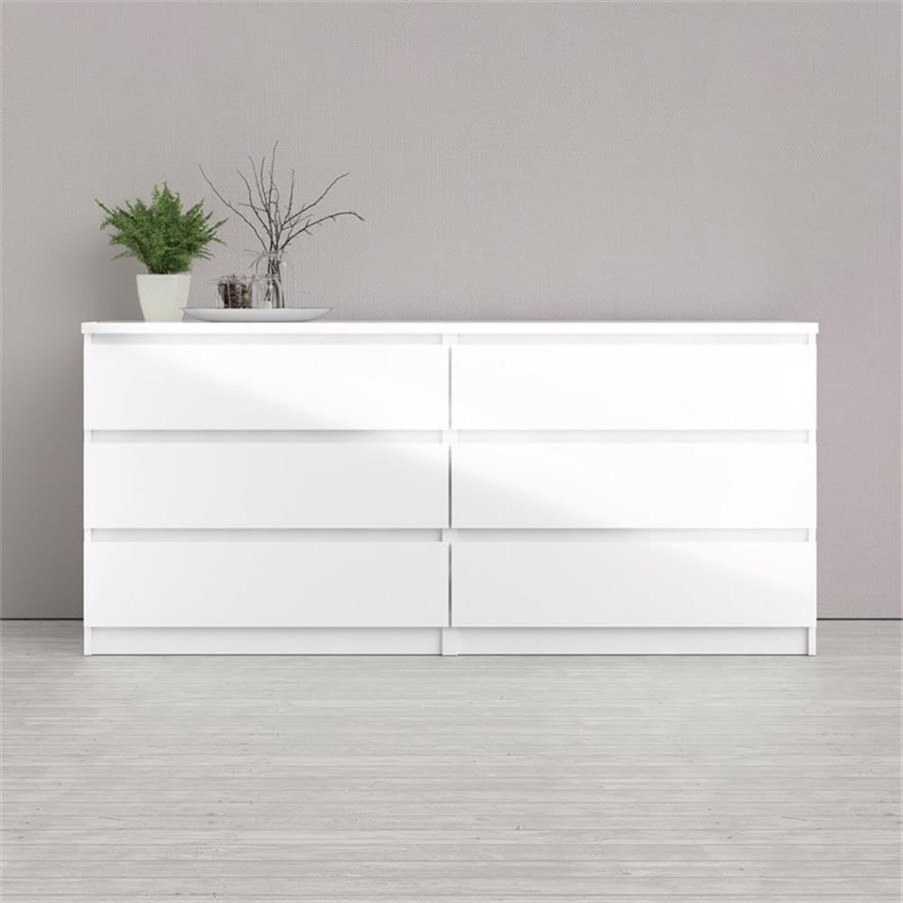 Modern Contemporary 6 Drawer Wide Double Bedroom Dresser in White High Gloss