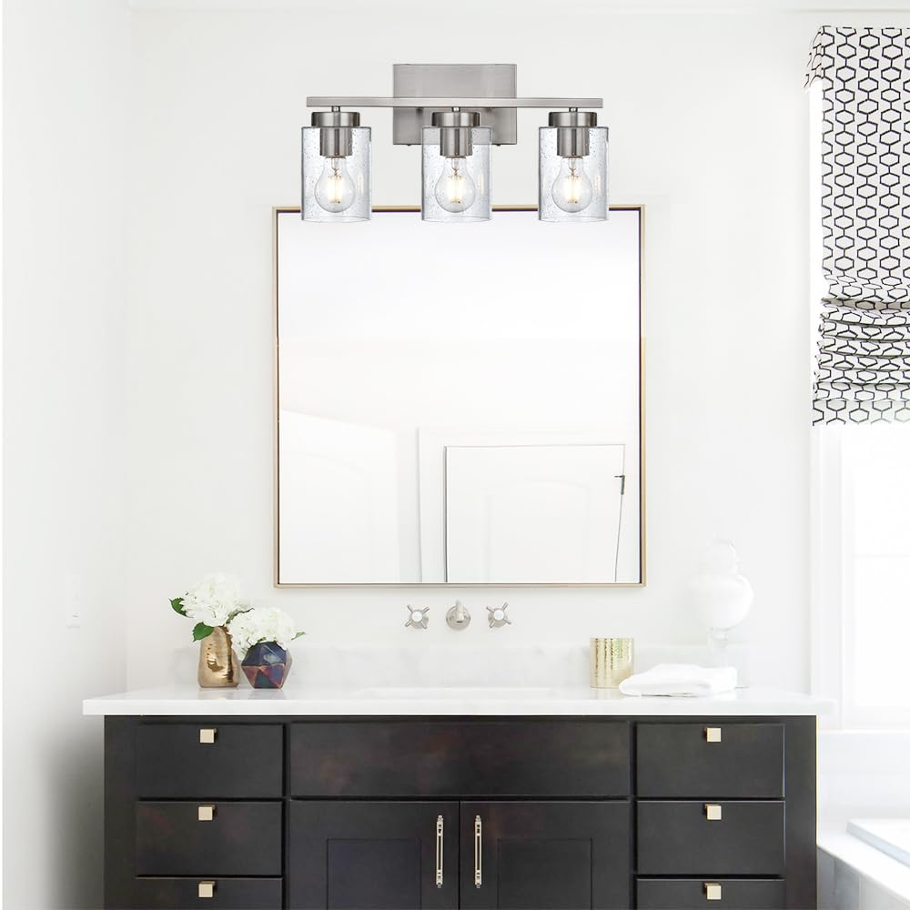 Bathroom Vanity Light,3 Light Brushed Nickel Light Fixture with Thickened Seeded Glass