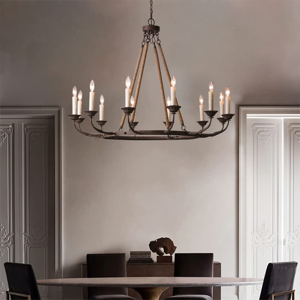 LOVEDIMA Vintage Chandeliers for Dining Room 12-Light Ceiling Light Fixture Flaxen Hemp Rope and Metal Rustic Round Candelabra Chandelier in Rust