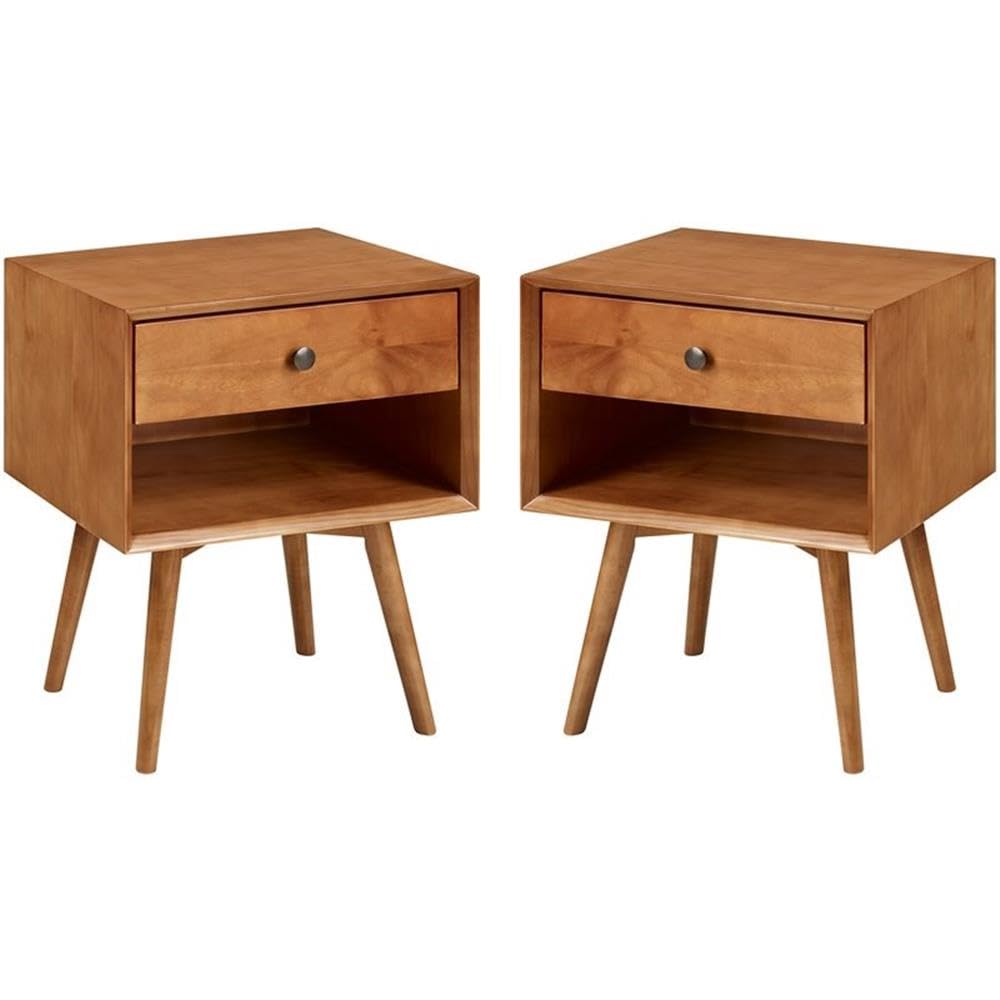 Ella Mid-Century Modern 2-Piece 1-Drawer Solid Wood Nightstand Set, 2 Pack, Caramel