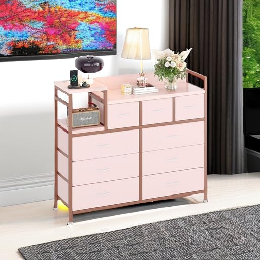 Charging Station, Bedroom Dresser for Living Room TV Stand with 9 Drawers, Pink