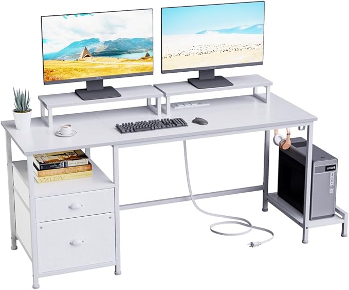 Computer Desk with Drawer and Power Outlets, 47" Office Desk with 2 Monitor Stands and Fabric File Cabinet, Writing Gaming Table with Shelves and 2 Hooks for Home Office, Rustic Brown
