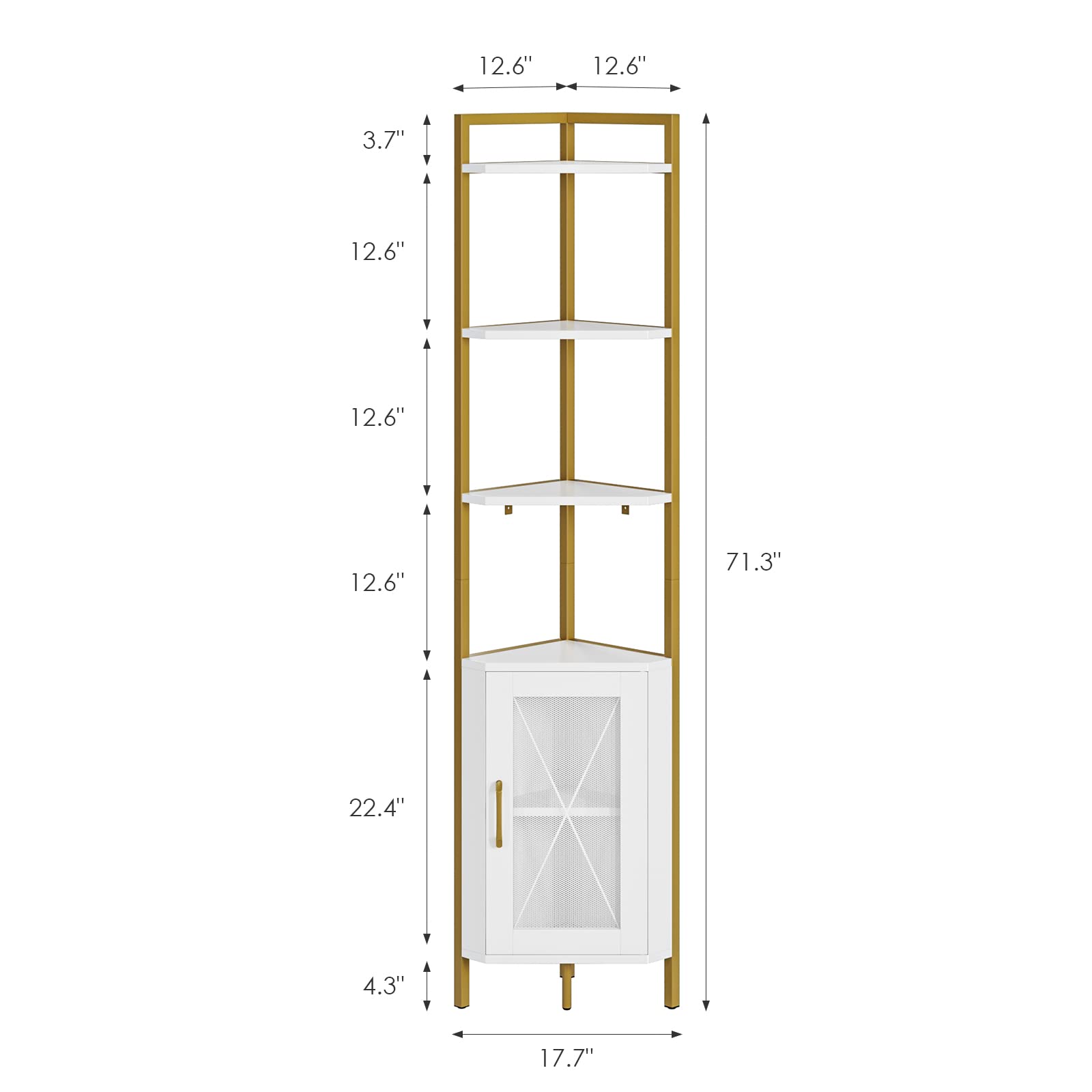 71" Tall Corner Shelf, 6-Tier Corner Bookcase, Gold Bookshelf with Storage Cabinet, Modern Display Shelf, Free Standing Storage Rack Plant Stand for Living Room, Home Office, White