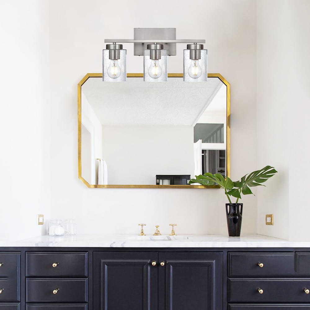 Bathroom Vanity Light,3 Light Brushed Nickel Light Fixture with Thickened Seeded Glass