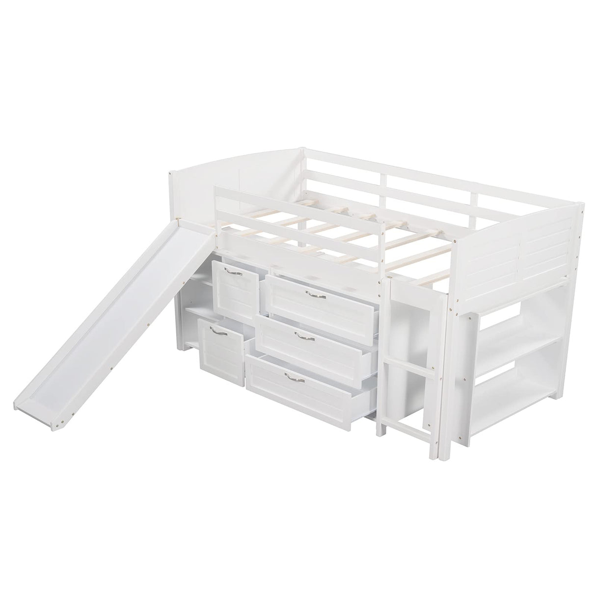 Slide and Storage Twin Loft Bed Frame with Cabinet Drawers and Book Shelves, Wooden