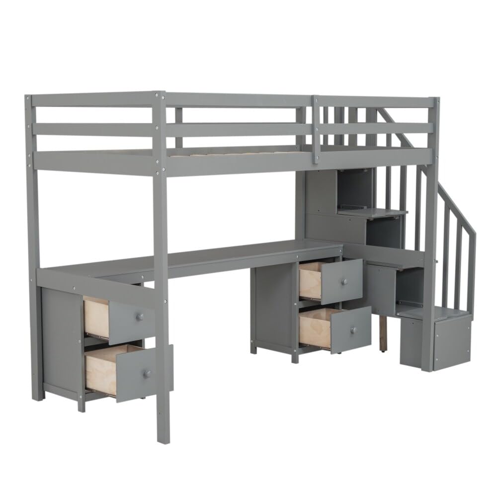 Twin Size Loft Bed Frame with Built-in Desk and Double Storage Drawers